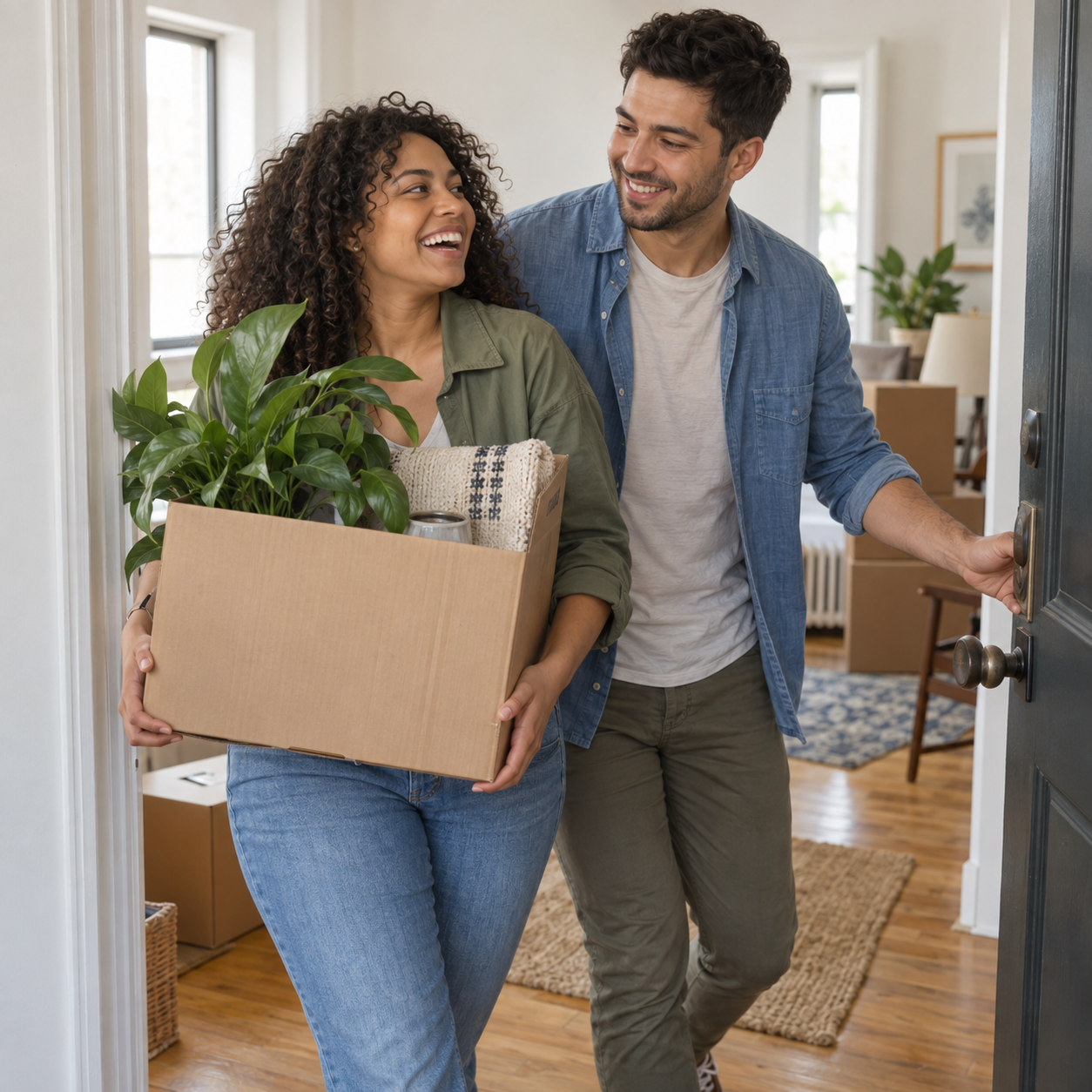 Illustrative image of two young adults smiling as they move into a home with boxes and a houseplant